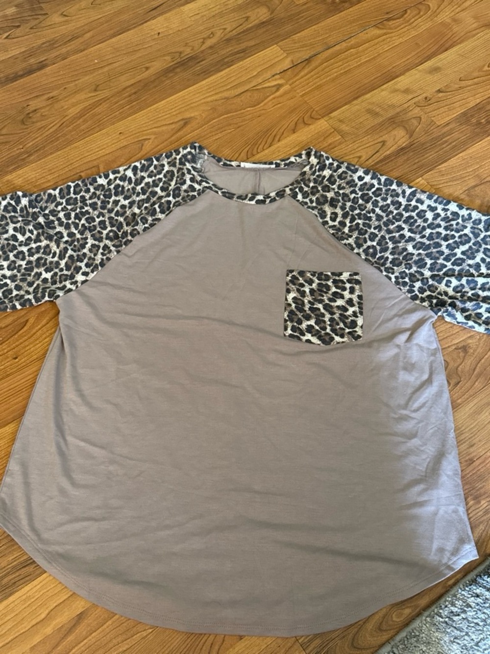 Zenana Outfitters Taupe Raglan Top with Leopard Print Sleeves